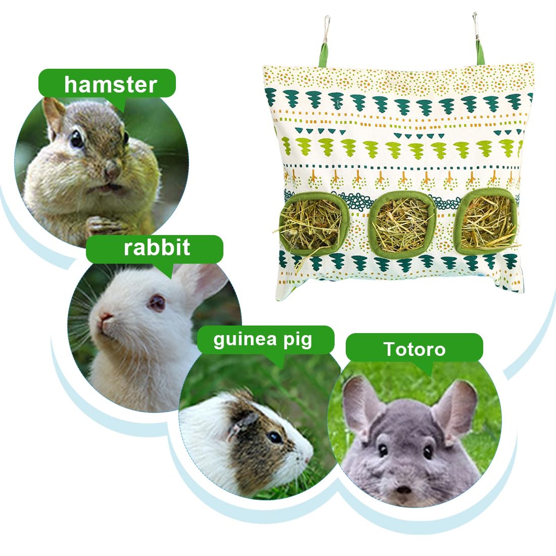 Sac à Foin Suspendu Râtelier Foin Lapin Filet à Foin 3 Trous pour Cochon d'Inde Chinchilla Hamster Petits Animaux