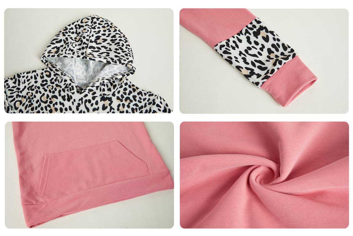 Haloumoning Sudadera con capucha para niñas de 4 a 15 años con estampado de leopardo y bolsillos