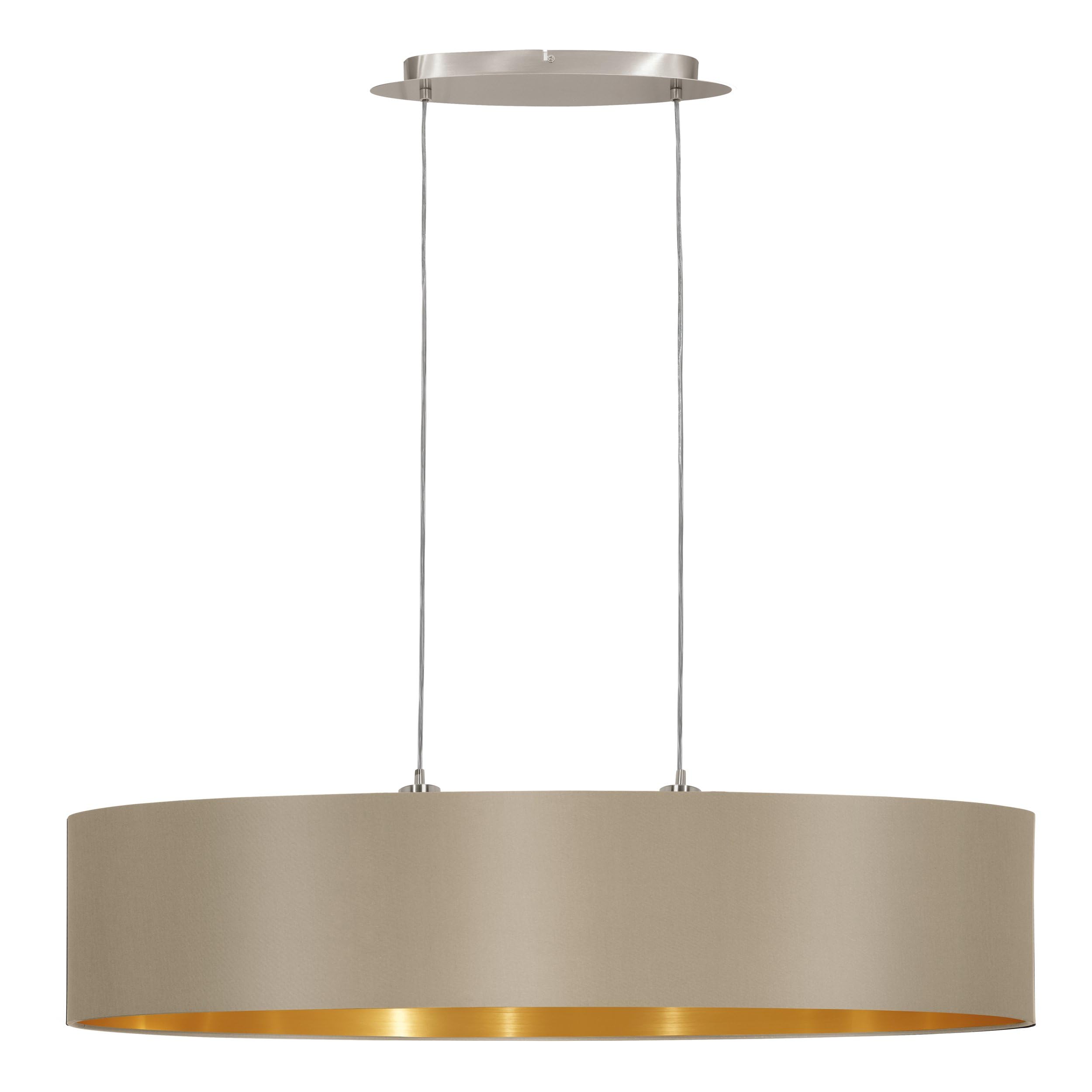 EGLO hanglamp MASERLO, 2 lichtbronnen textiel pendelarmatuur, ovalen hanglamp van staal en stof, kleur: nikkel mat, zwart, goud, fitting: E27, L: 100 cm