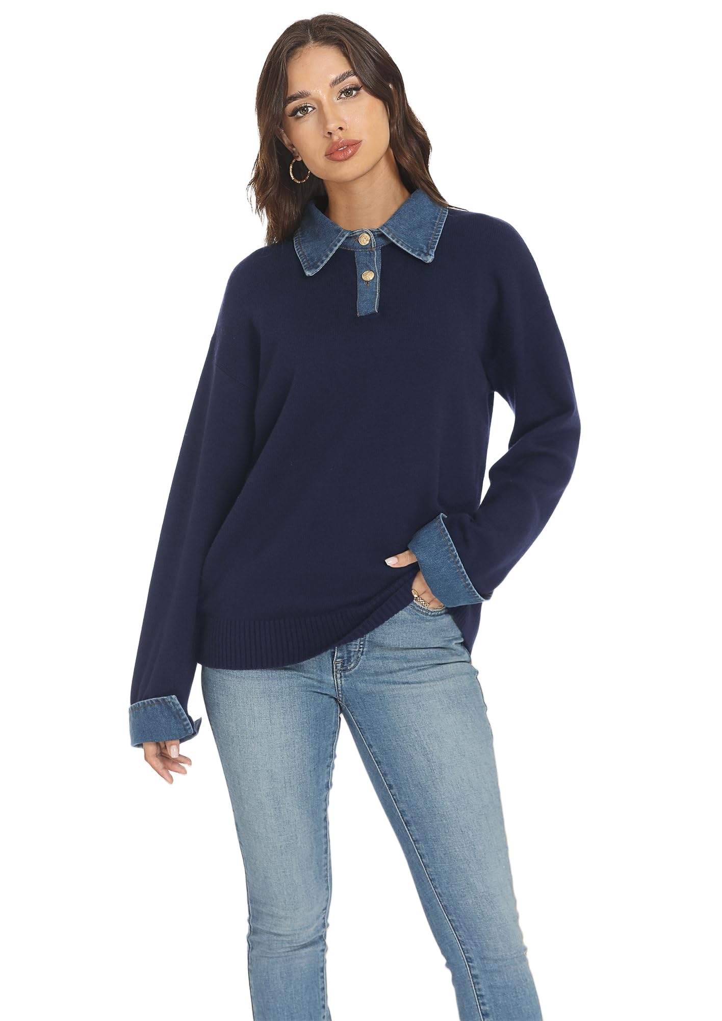 Oversized Sweaters for Women Trendy Casual Chunky Denim V Neck Button Down Tunic Sweater Navy Blue L