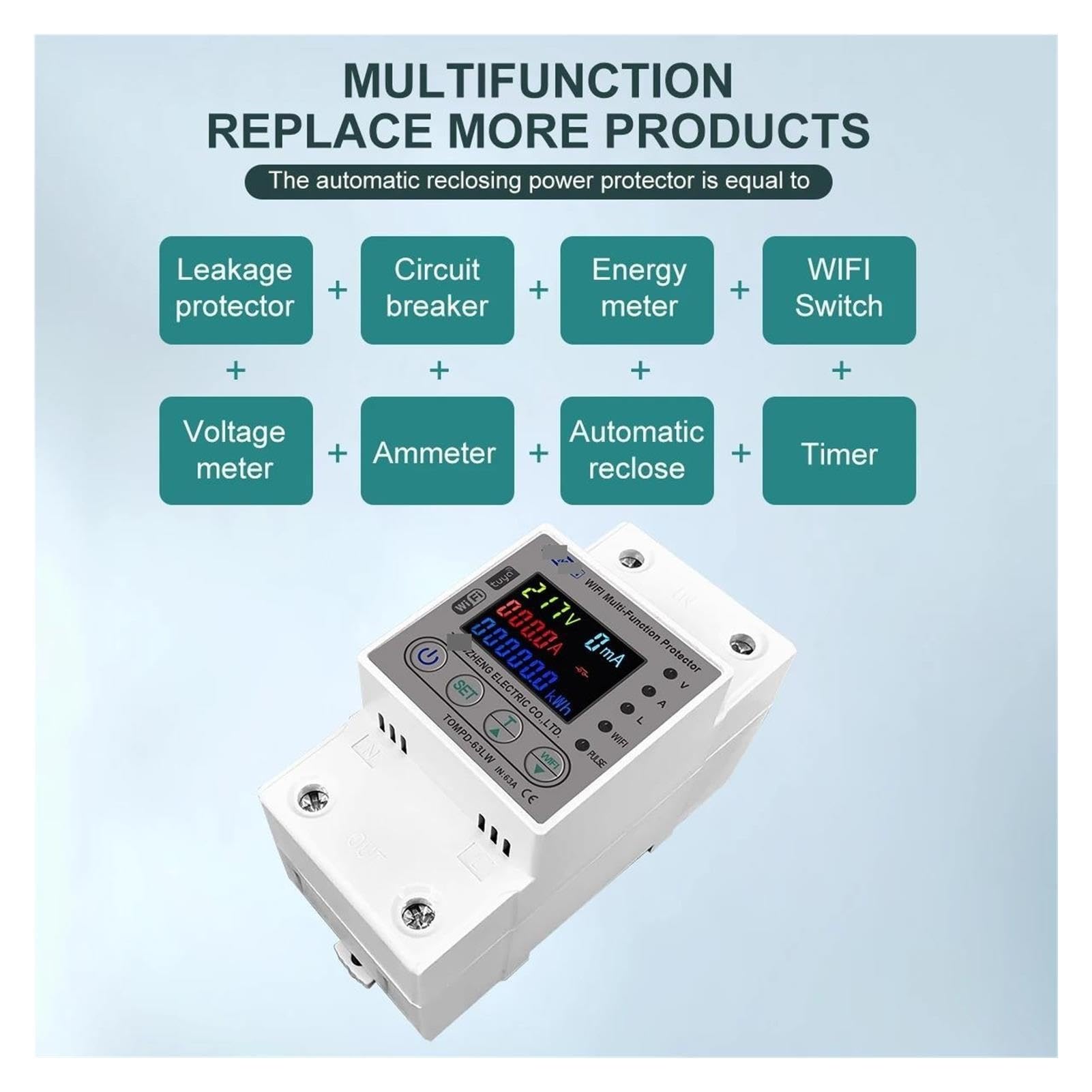 Disyuntor de medición de kWh de medidor de energía inteligente WIFI 63A con corriente de voltaje y protección contra fugas(NO WIFI 63A)