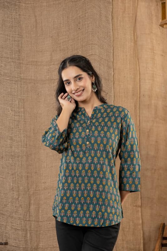 Image of Women's Cotton Printed Kurta Top | 3 /4 Sleeve Straight Kurti Casual Outings