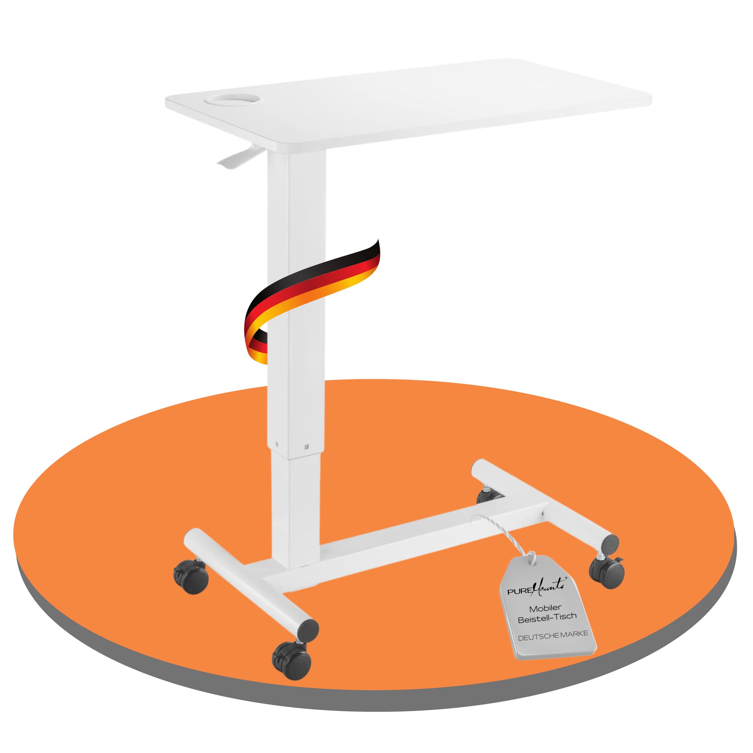 PureMounts® höhenverstellbarer Beistell-Tisch mit Gasdruckfeder, intergierter Getränkehalter, höhenverstellbarer Laptop-Tisch, 71-106 cm, weiß