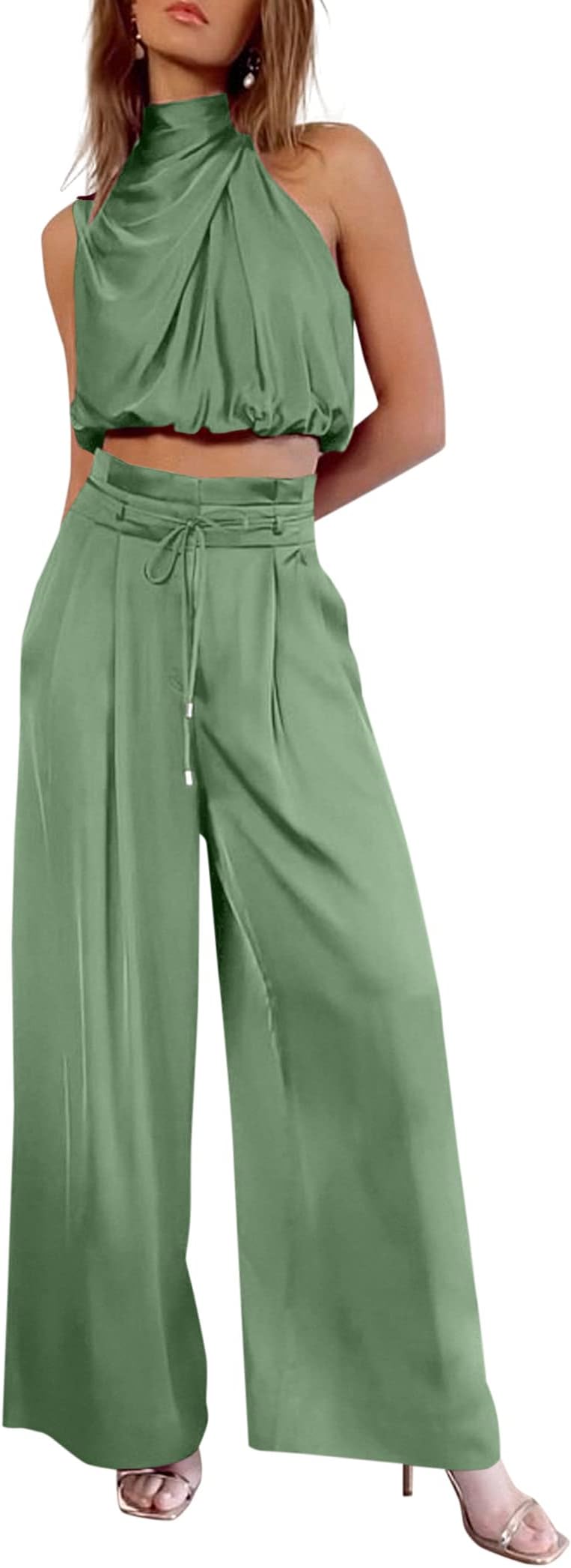 PRETTYGARDENWomen's 2 Piece Outfits 2024 Summer Casual Sleeveless Mock Neck Crop Tops Wide Leg Pants Set