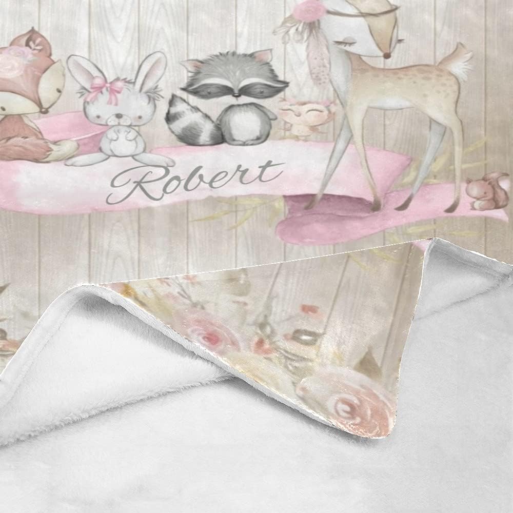 Animal Deer Fox Baby Baby Girl Blankets with Name Custom Personalized Baby Nursery Super Soft Fleece Blanket for Boy Girl Birthday 30x40 Inches