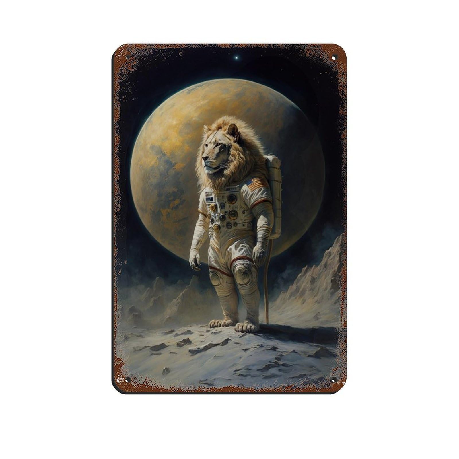 Lion in A Spacesuit, Retro Poster Metal Tin Sign Chic Art Retro Iron Painting Bar People Cave Cafe Family Garage Poster Wall Decoration 8x12inch(20x30cm)
