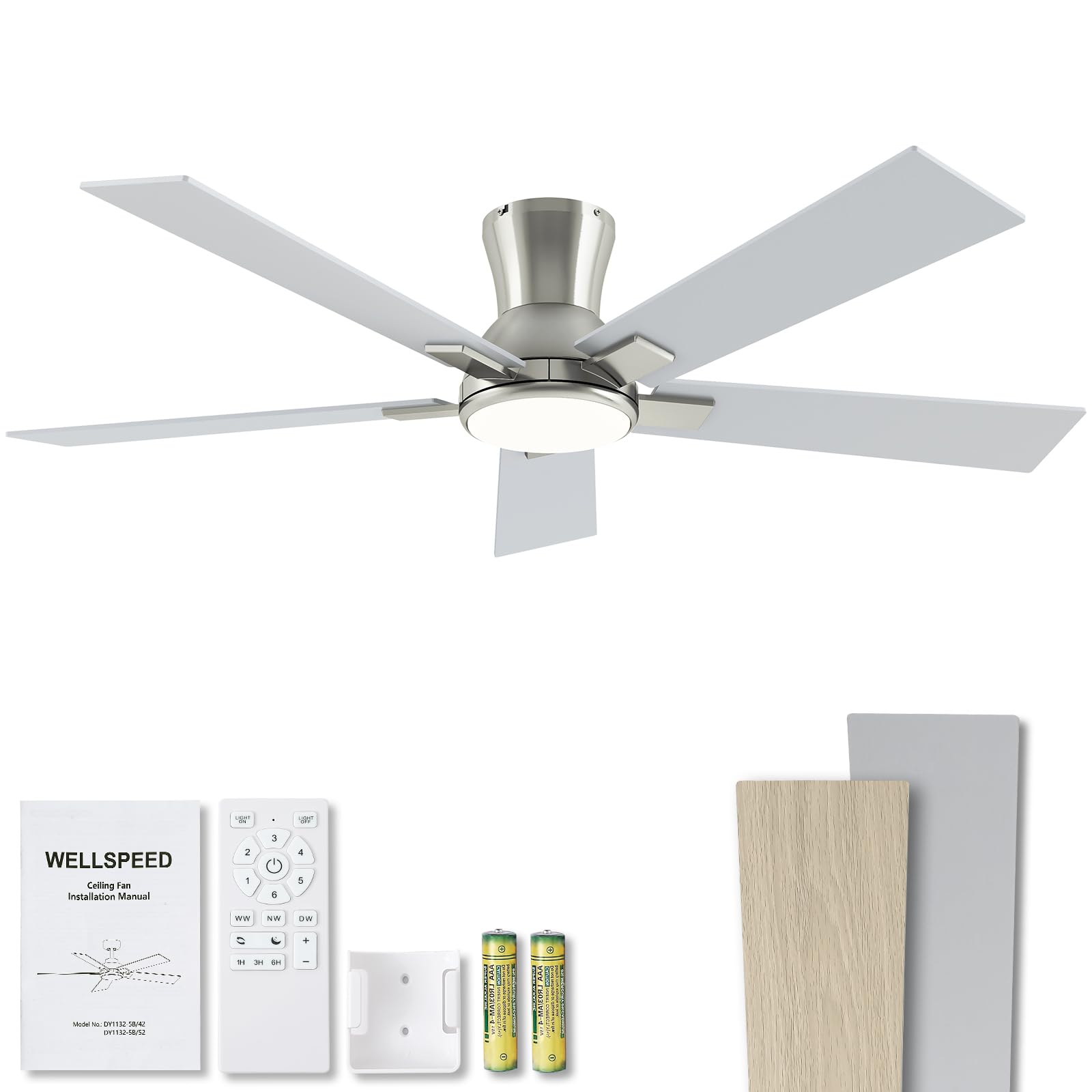 52 Inch Ceiling Fans with Lights and Remote Brushed Nickel Flush Mount Low Profile Ceiling Fan for Bedroom