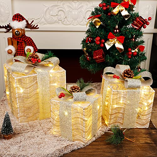 Atdawn Set Of 3 Lighted Gift Boxes Christmas Decorations, Silver Bow Pre-Lit Present Boxes, Christmas Home Gift Box Decorations #TOP4