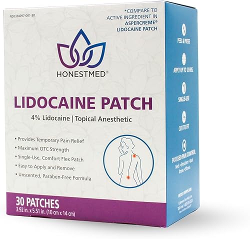 Parche de alivio del dolor OTC de máxima resistencia, 4% de lidocaína, sin perfume, 3.9 x 5.5 pulgadas, caja de 30 unidades
