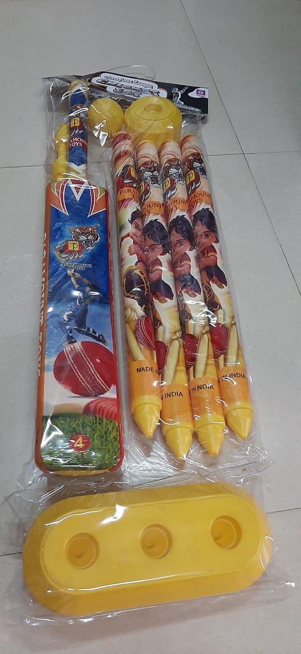 Paramount Toys Cricket Set for Kids, Bat, Ball, Stumps with Base, Size 4, Made in India-image-1