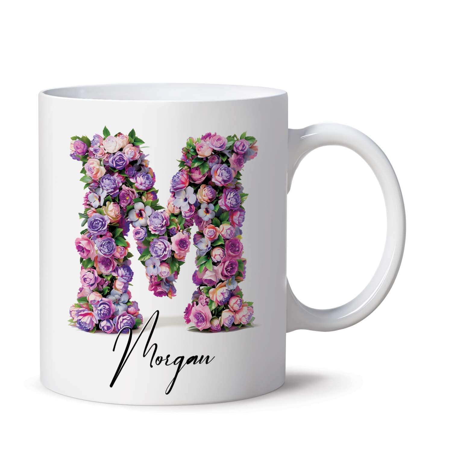 Personalized Letter M Porcelain Cups, Customized Initial M Alphabet Coffee Cup 11oz 15oz, Custom Flower Lover Travel Mug Choose Name, Novelty Monogram Travel Mug Gifts For Grandma