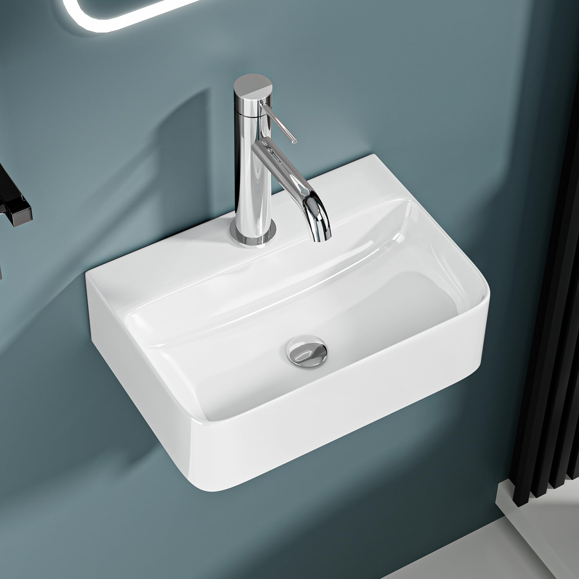 Lavabo de cerámica blanca brillante - Ideal para espacios pequeños, aseos, WC y pequeños baños, diseño limpio y moderno