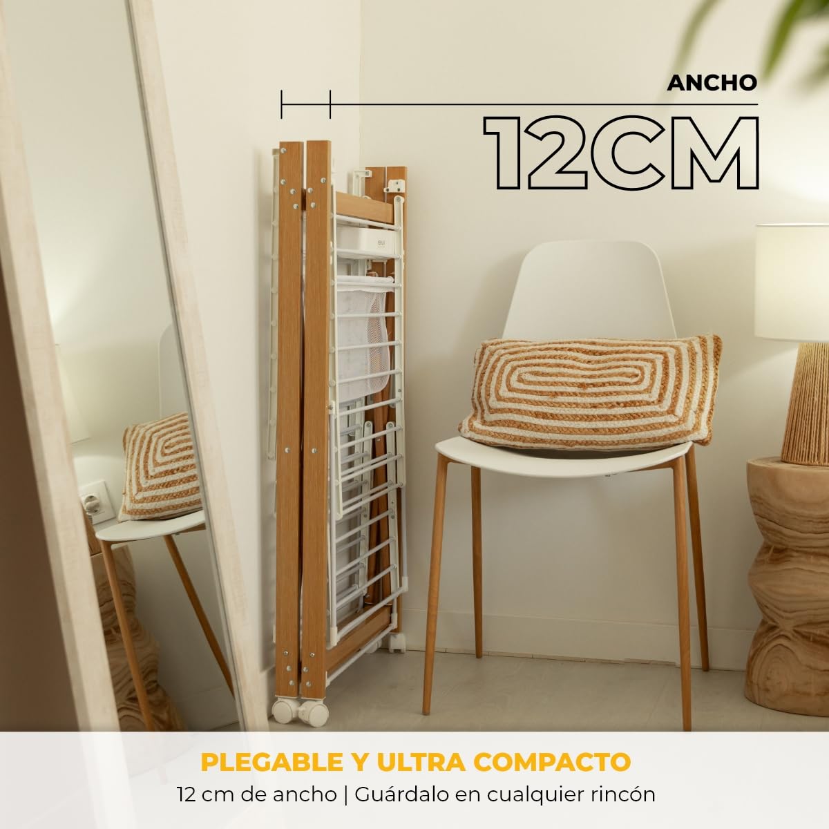 Newlux - Tendedero Plegable con Alas 30m XXL Wood V35, 3 Niveles (176x61x104cm). Tenderete de Ropa Plegable con Ruedas, Accesorio para Ropa Delicada y Pinzas, Ganchos Laterales, Blanco