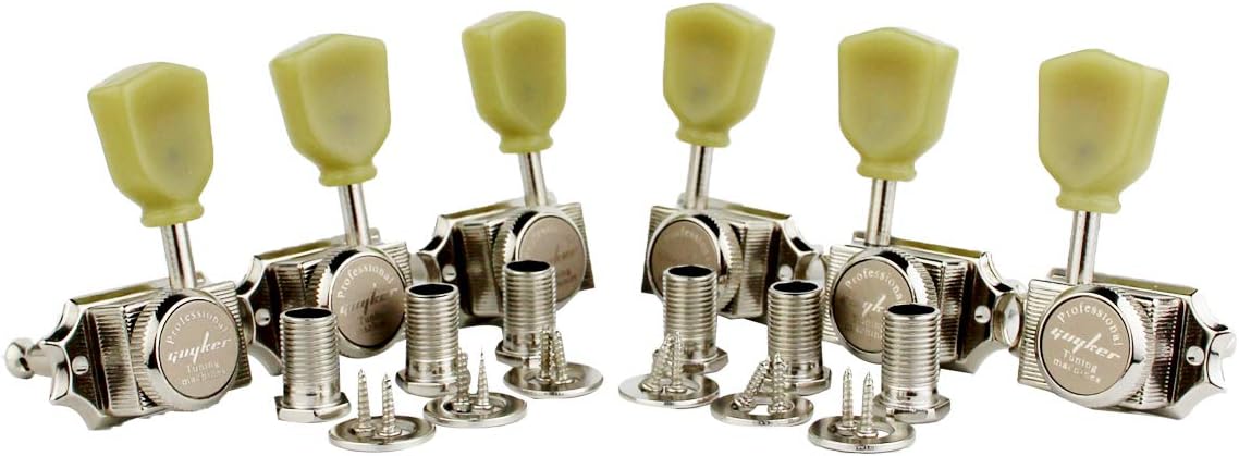 6Pcs Guitar Locking String Tuning Pegs (3R + 3L) – 1:15 Vintage Deluxe Style Tuners Key Machine Heads Set with Keystone Knob Replacement for Les Paul Style Electric or Acoustic Guitar - Nickel