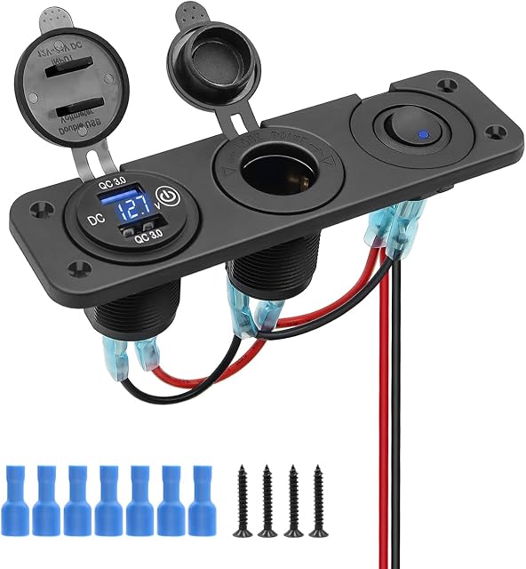 12V USB Socket QC Car 3.0 USB Charger Socket,Cigarette Lighter Adapter Fast Charge Power Outlet Panel,with LED Digital Voltmeter Toggle Switch ON/OFF,for 12V/24V Car Marine Boat ATV