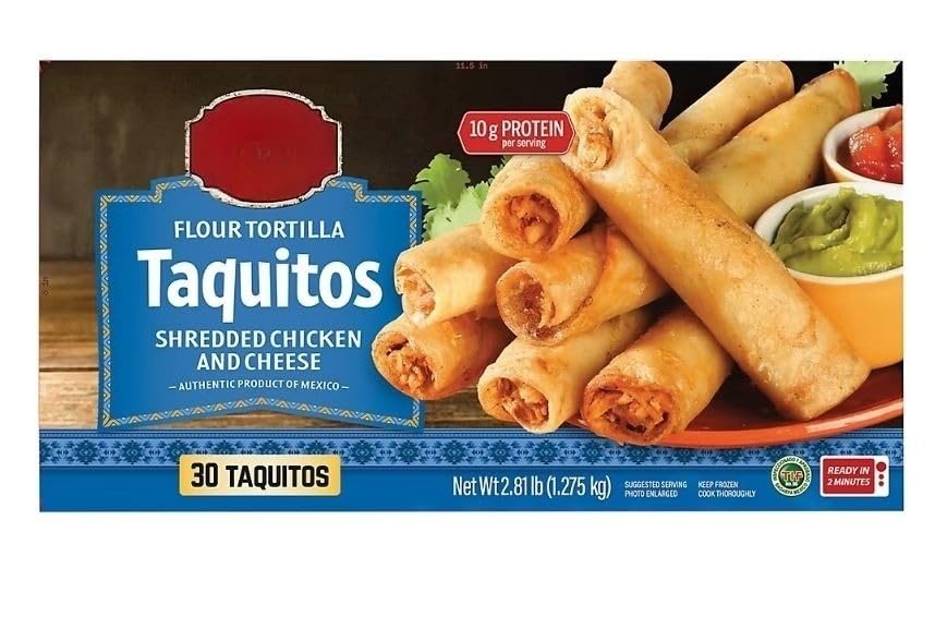 Mexican taquitos are made with real shredded seasoned white meat chicken, with natural cheddar and Monterey Jack cheeses, and vegetables. The filling is hand rolled in a flour tortilla then lightly fried to perfection in canola oil for just the right flavor and crunch. chicken and cheese taquito makes a flavorful, fun, on-trend addition to your entree menu or as an on the go snack. These taquitos are filled with fragrantly spiced shredded chicken wrapped in a crispy flour tortilla and have 10 grams of protein/serving. [45 oz , 2.8 pound ] . 30 ct .
