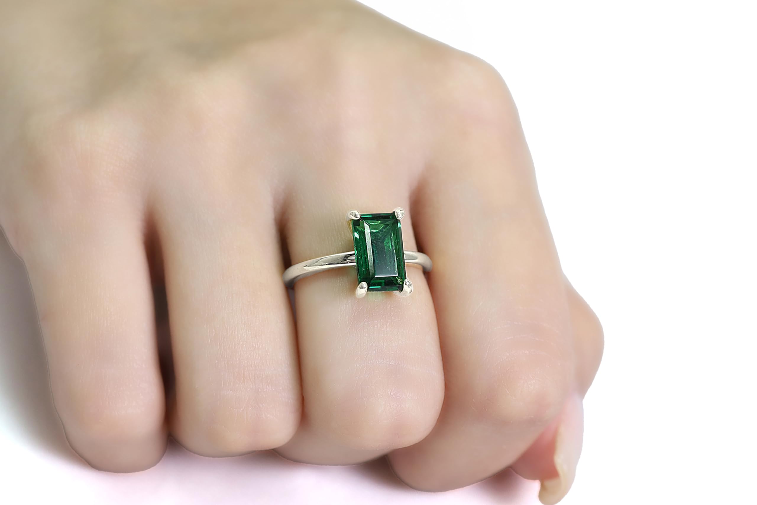 Anello Smeraldo Rettangolare - Anello di Fidanzamento Solitario Anniversario Pietra di Nascita - Anelli in Argento Artigianale per Donne - Scegliete la Vostra Misura e il Materiale - con Scatola