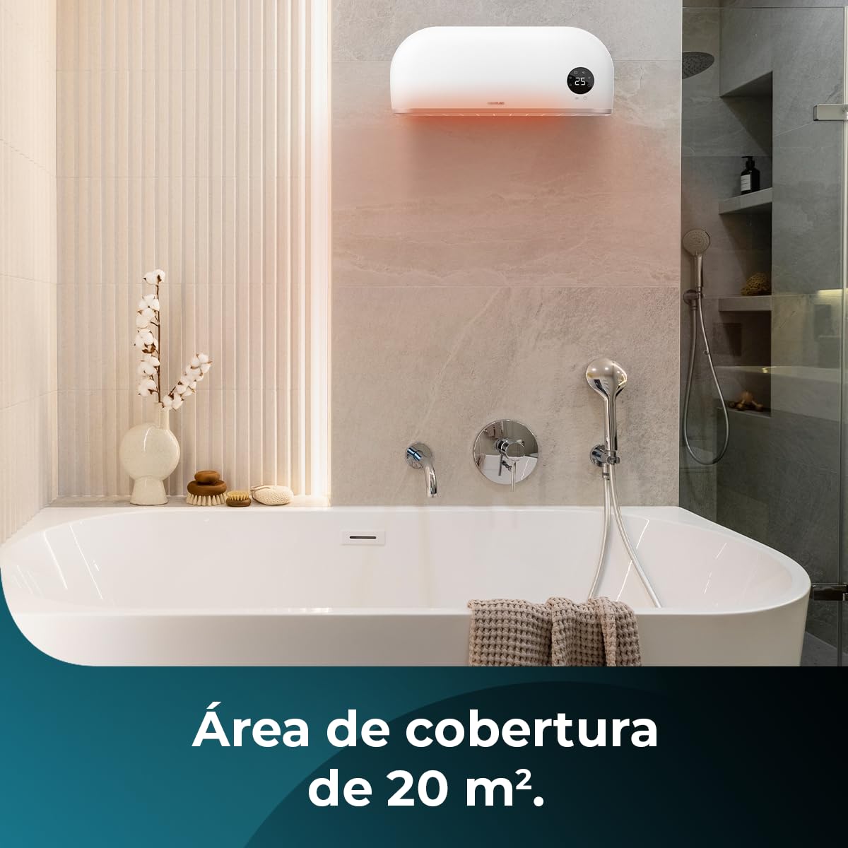 Cecotec Calefactor cerámico de baño ReadyWarm 2000 Max Box Ceramic con 2000 W, pantalla LED, mando a distancia y protección IPX2, 20 m2
