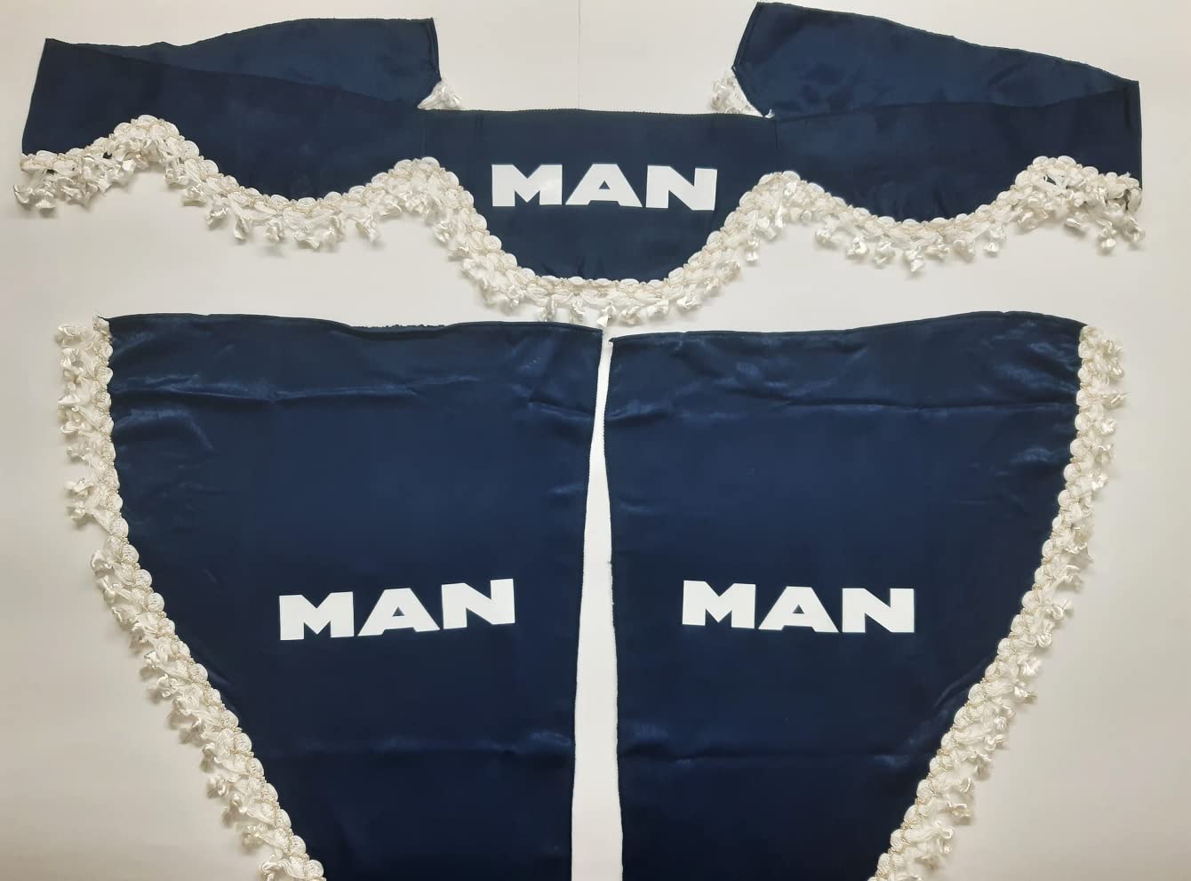 Conjunto de 3 cortinas de felpa con borlas blancas para camiones TGX TGA TGM Hombre (azul)