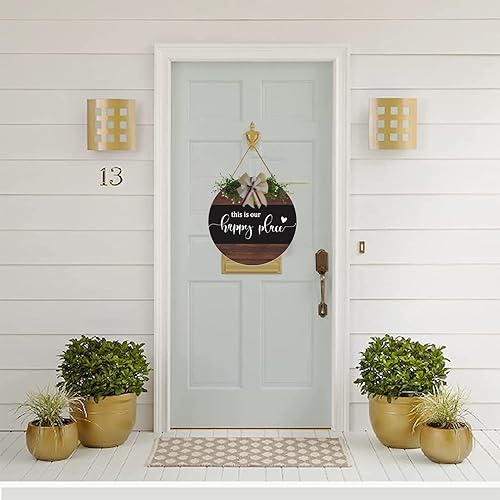 Miniatura 7 de This is Our Happy Place - Letrero redondo de madera para puerta delantera, porche, decoración de corona de bienvenida con texto en inglés "Our Happy