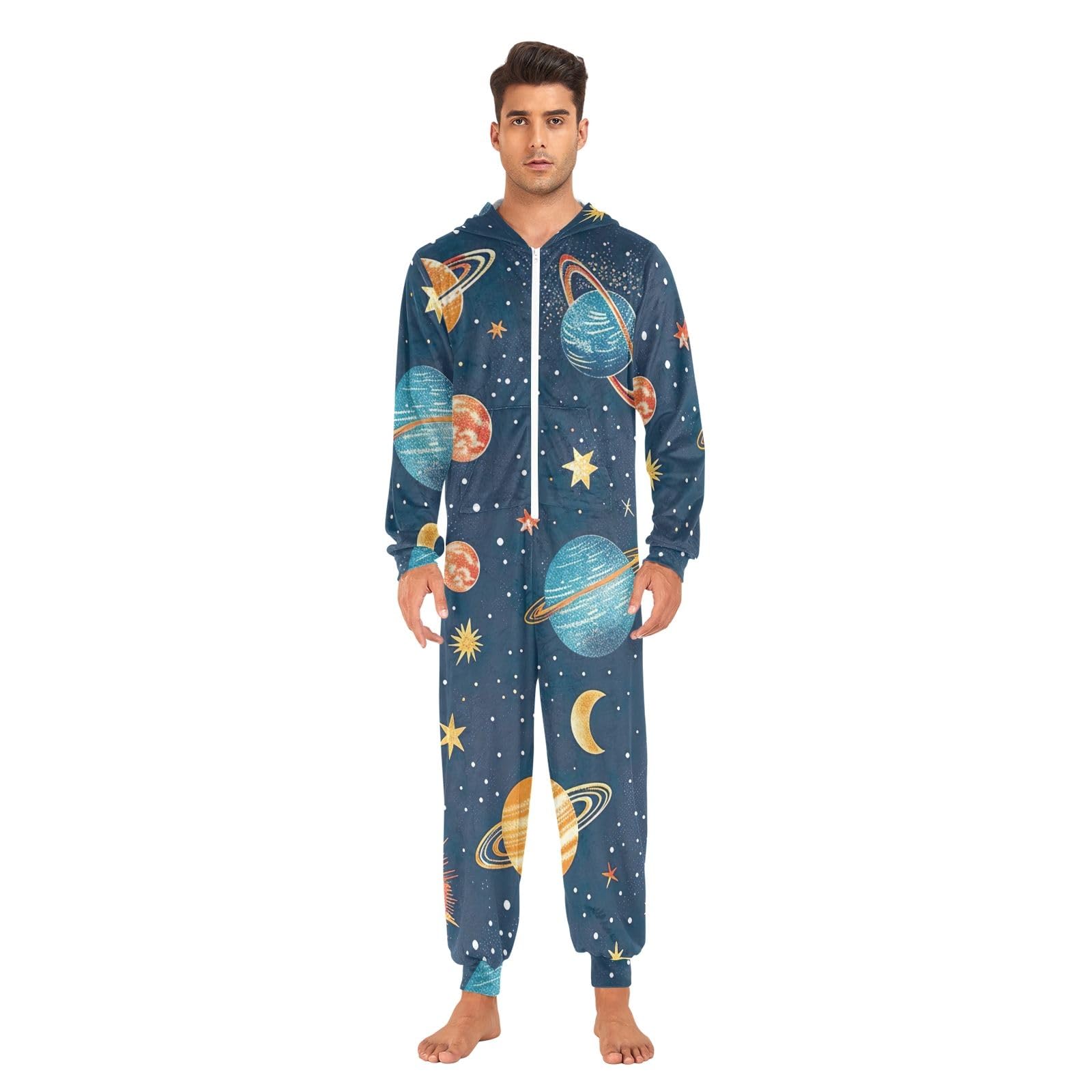 Carino Cartoon Planets Blu Adulto Natale Tutina Tuta Cerniera Pigiama Morbido Peluche Loungewear