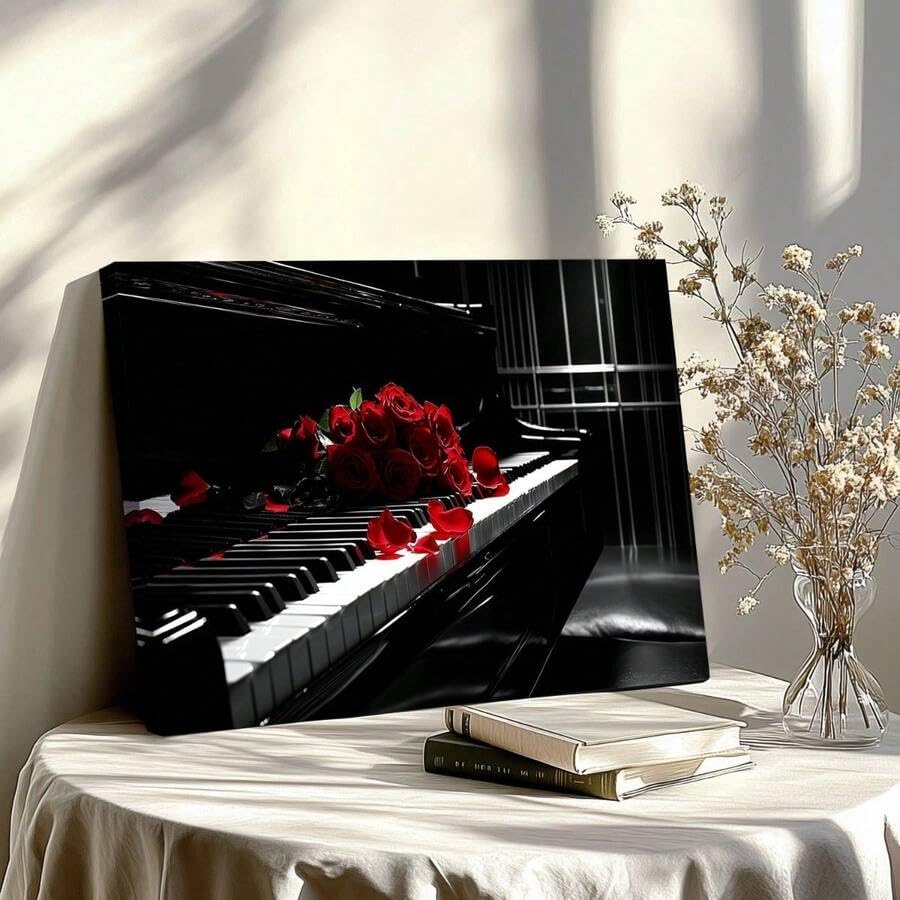 Impression sur toile piano à queue et roses pour décoration murale de salon
