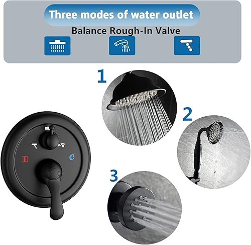 Miniatura 6 de Sistema de ducha negro mate de 8 pulgadas, montaje en pared, conjunto combinado de ducha de baño, válvula de equilibrio, mezclador de 3 funciones,