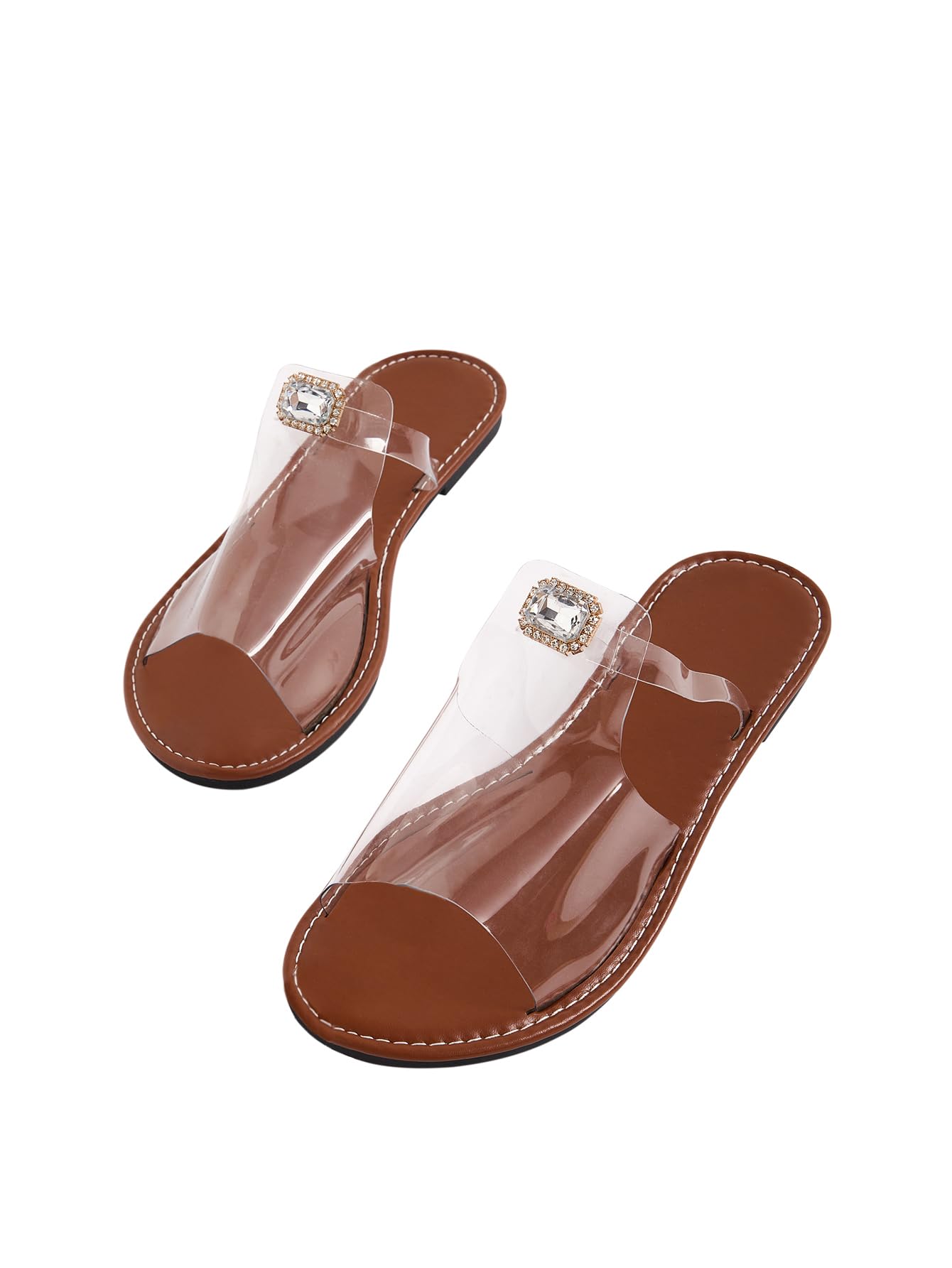 GORGLITTER Women's Clear Flat Sandals Glitter Rhinestone Dressy Sandals Open Toe Cut Out Transparent Slide Sandals