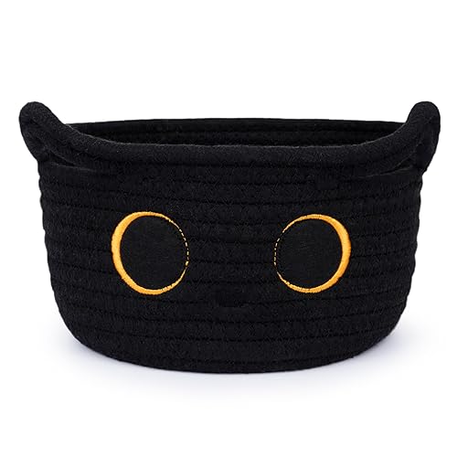 Hkojewp Small Storage Basket, Black Cat Cotton Rope Baskets Woven Blasket for Nursery, Blanket Basket Baby Toy Storage Organizer With Ears for Gifts Cat Dog Bin Toys 8.5×4.5 inches - Black - 9 × 5 inches
