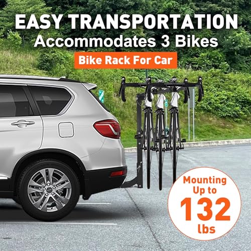 LUCKYERMORE Bike Rack for SUV, 3 Bike Rack Hitch Mount, Hitch Bike Rack Capacity Up to 132lbs Foldable Bicycle Rack Carrier with Rubber Straps, Bike Rack with 2\" Hitch for Cars