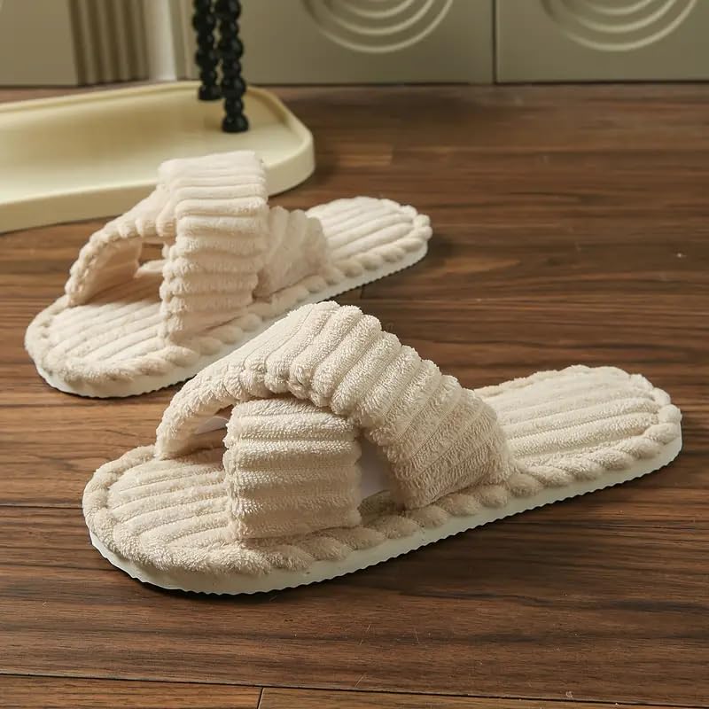 Image of SILENCIO Slippers for Women House Bedroom Furry Cross Bands Slide Shoes Anti-Skid Sole Open Toe Slippers Indoor & Outdoor