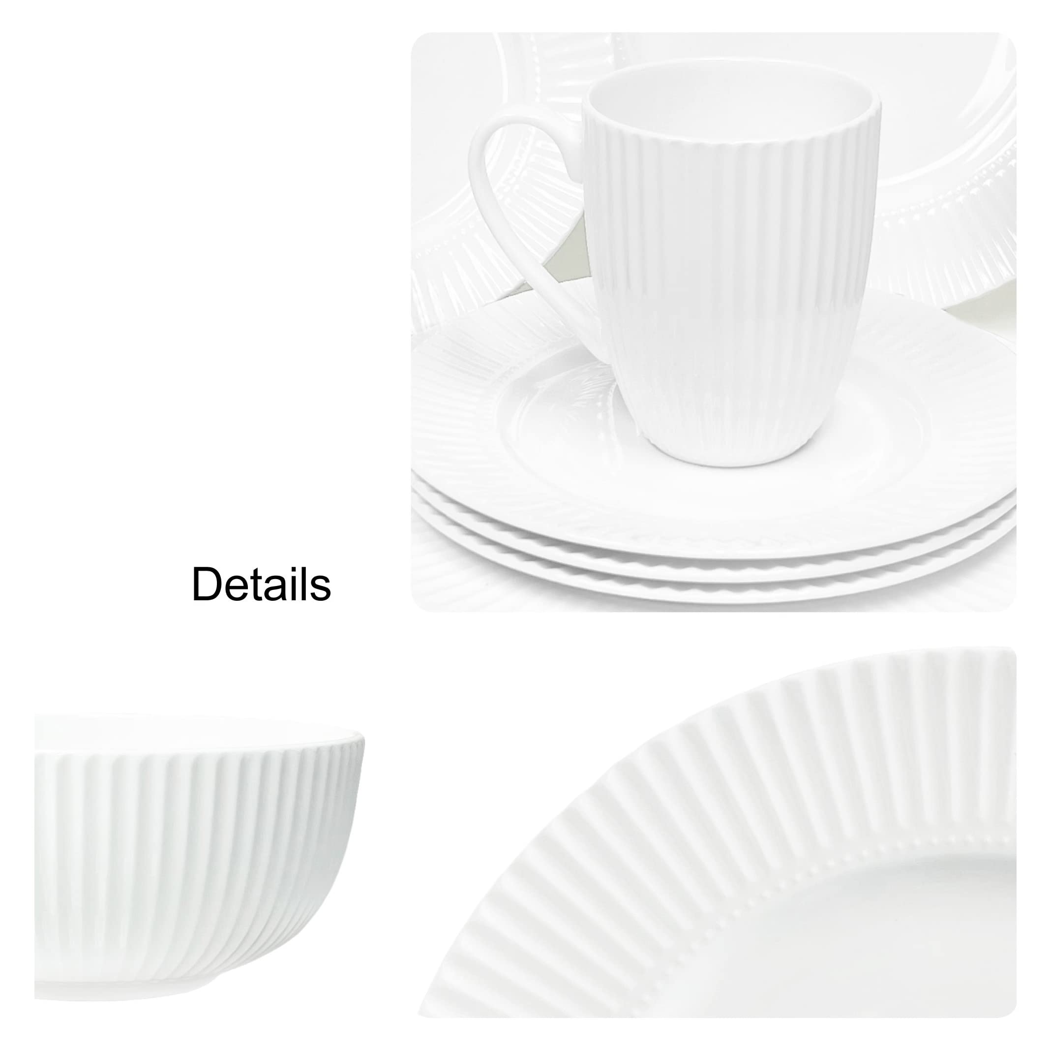 Bone China zastawa obiadowa, zestaw 16 szt., serwis dla 4 osób, biały tłoczony pasek, nadaje się do kuchenki mikrofalowej, półprzezroczysty, elegancki prezent, zestaw naczyń, niezbędny dom, na co