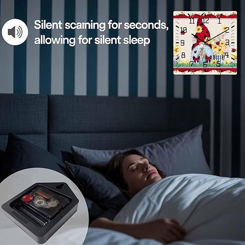 Miniatura 7 de Reloj de pared de madera con gnomos de mariquita, silencioso, sin tictac, para verano, primavera, tulipán, cuadrado, funciona con pilas, reloj