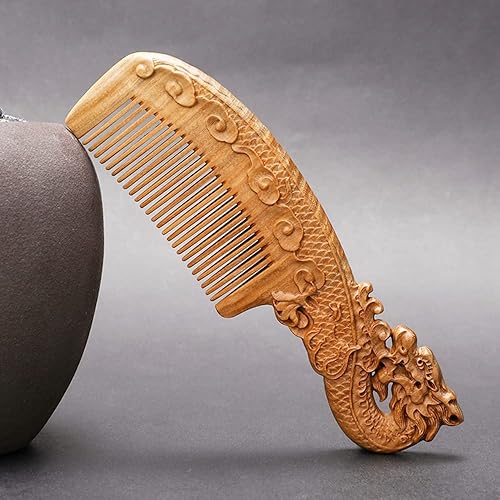 Miniatura 3 de Peine de pelo de dientes finos de sándalo verde natural con asa, hecho a mano de doble cara, tallado antiestático, sin enganches, peines de madera