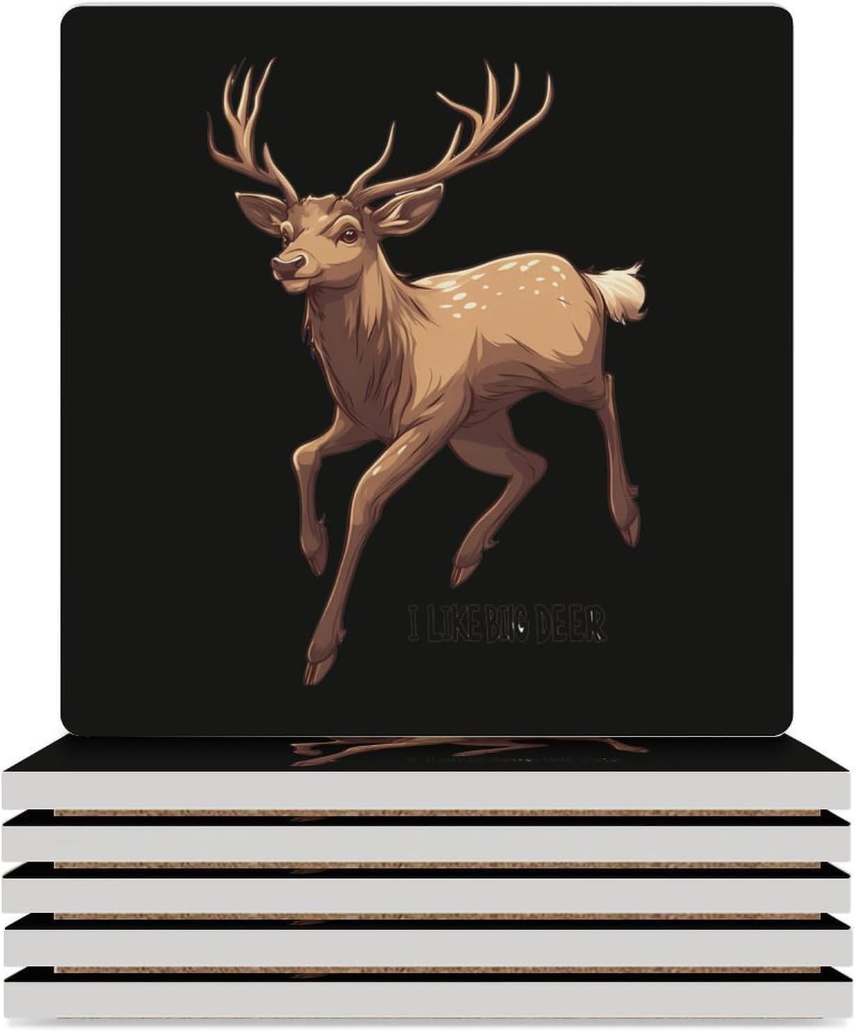 I Like Big Deer Coasters for Drinks Square Ceramic Coasters Cup Mats with Cork Base