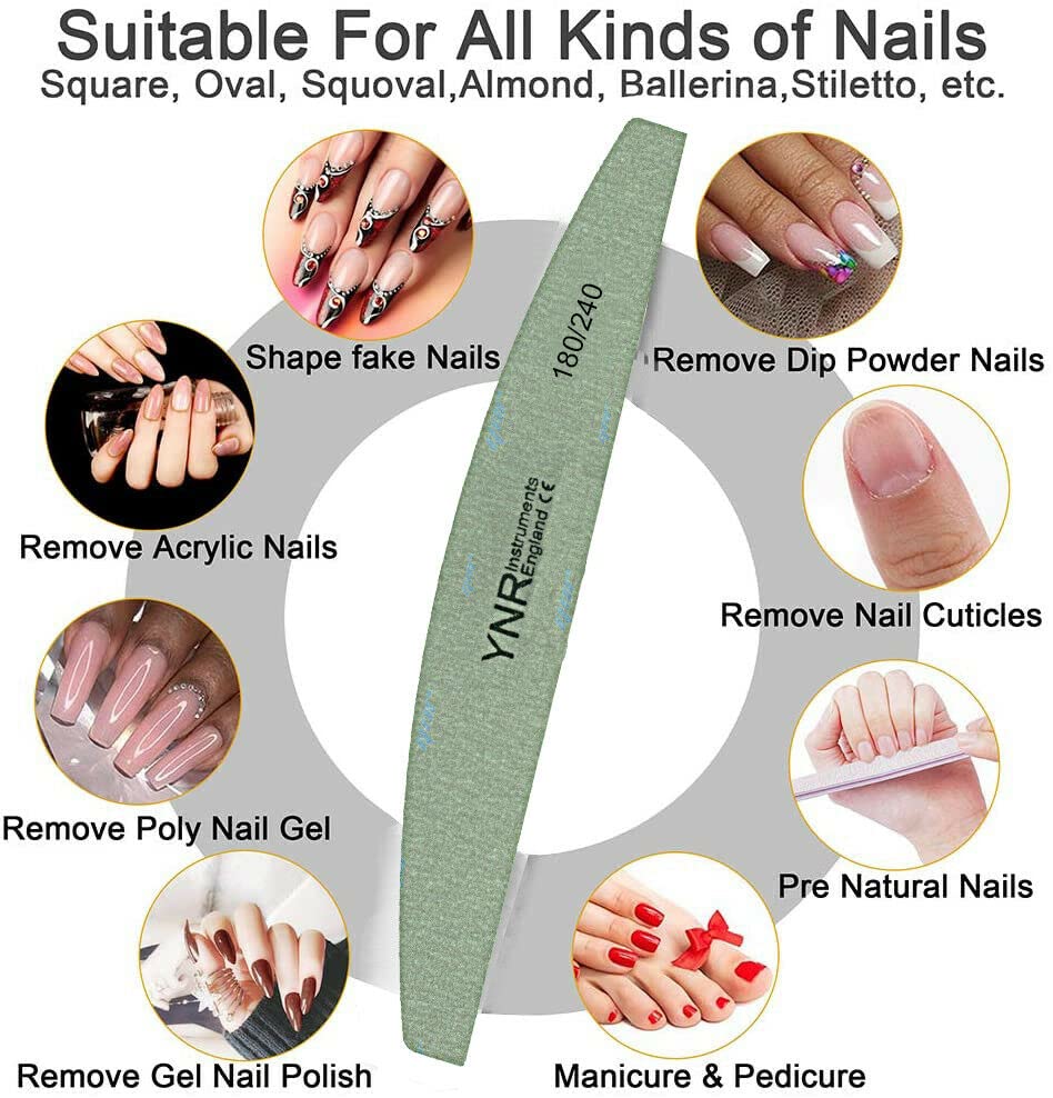 Professional Nail Files Double Sided Emery Board(180/240 Grit) Nail Styling Tools Half Moon/Curved/Diamond Buffer Pet Grooming Tools (10 Pcs)