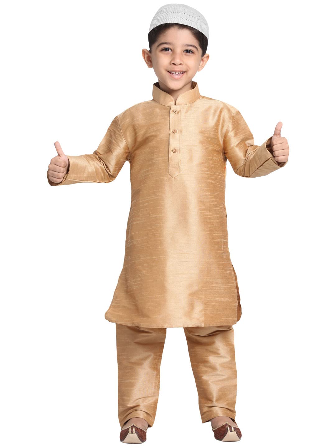 Boys' Silk Blend Kurta Pyjama Set with Cap-image-27
