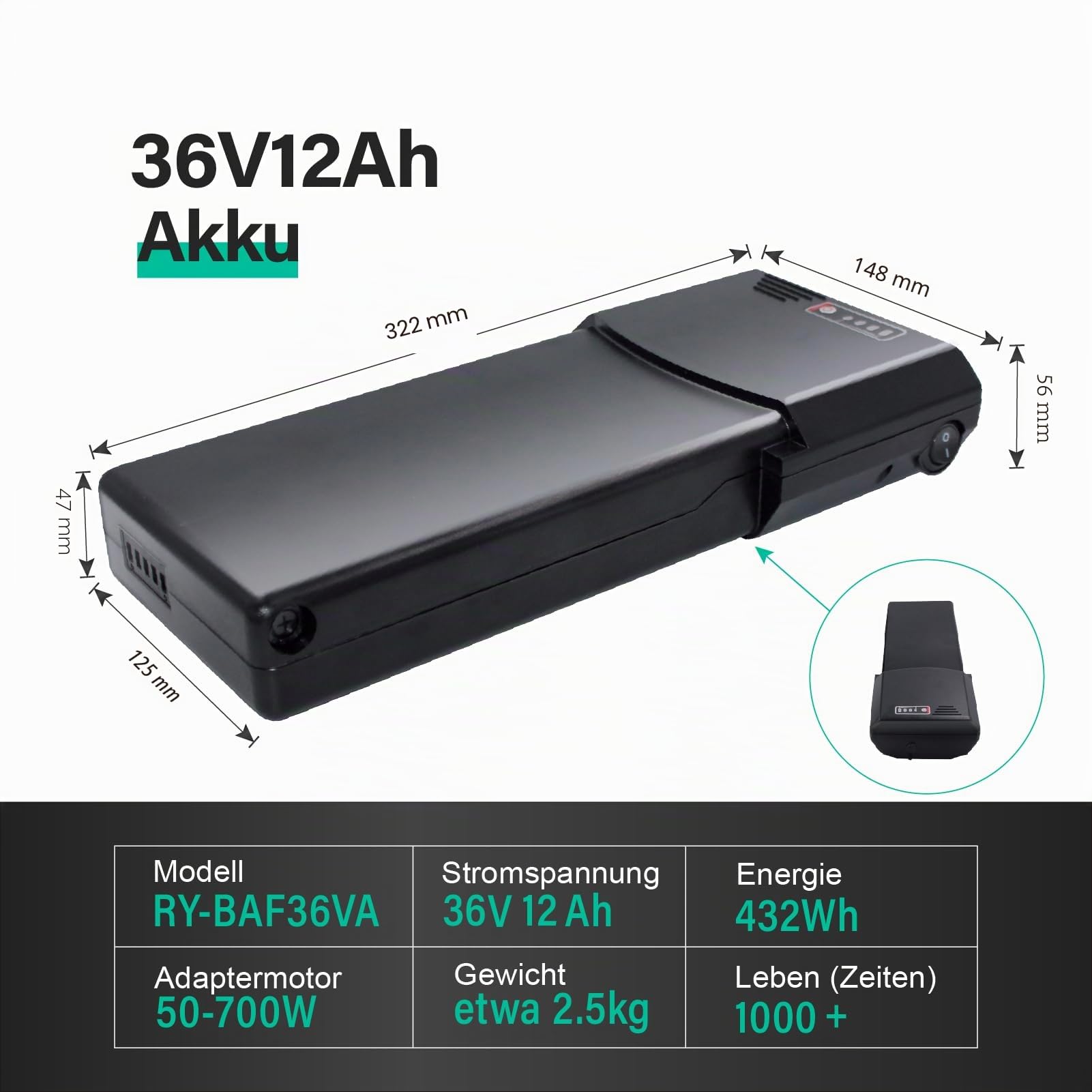 36V 12Ah batteria agli ioni di litio per e-bike per MiFa, Zündapp, Ansmann batteria a rack