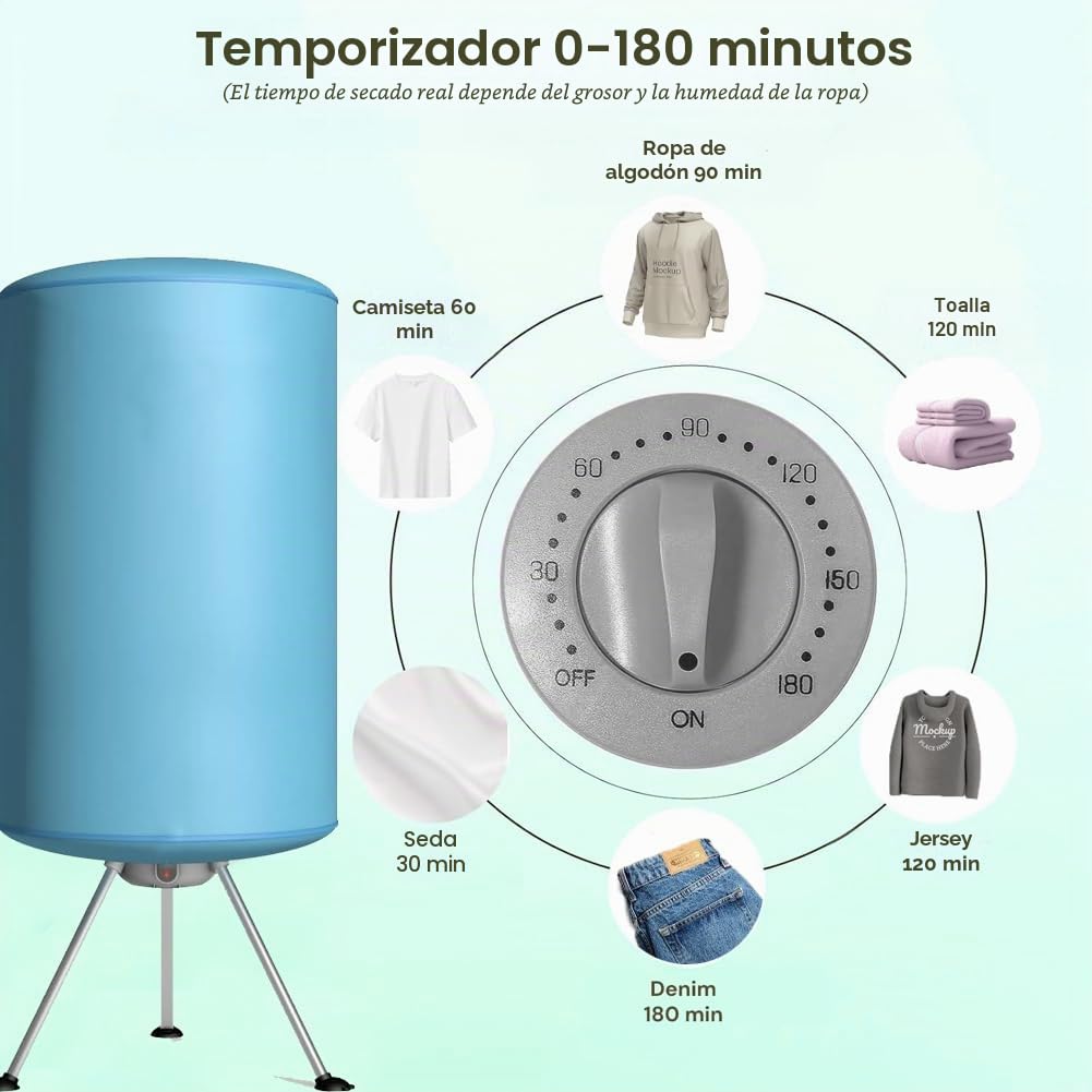 BAKAJI Secadora eléctrica de Globo, secador de Ropa de Aire Caliente, Potencia 900 W con Temporizador de 180 min y Doble ventilación, tamaño 150 x 65 cm