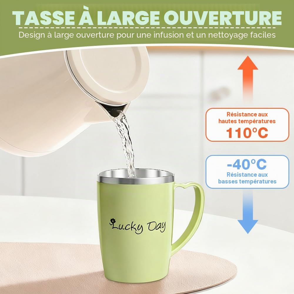 Gobelet anti-déversement 3 en 1 pour adulte HOVCEH, 350 ml, avec couvercle et paille de 30 cm, avec poignée, gobelet en acier