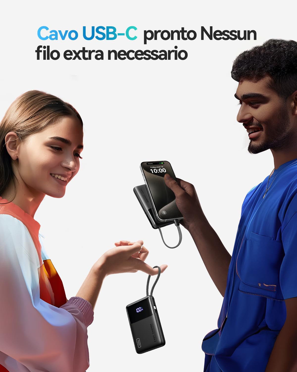 INIU 45W Power Bank, 10000mAh Ricarica Rapida Powerbank con Cavo USB C Integrati, USB C In&Out PD3.0 QC4.0 Caricatore Portatile per iPhone 16 15 14 13 12 Pro Xiaomi Samsung Huawei iPad Pro etc