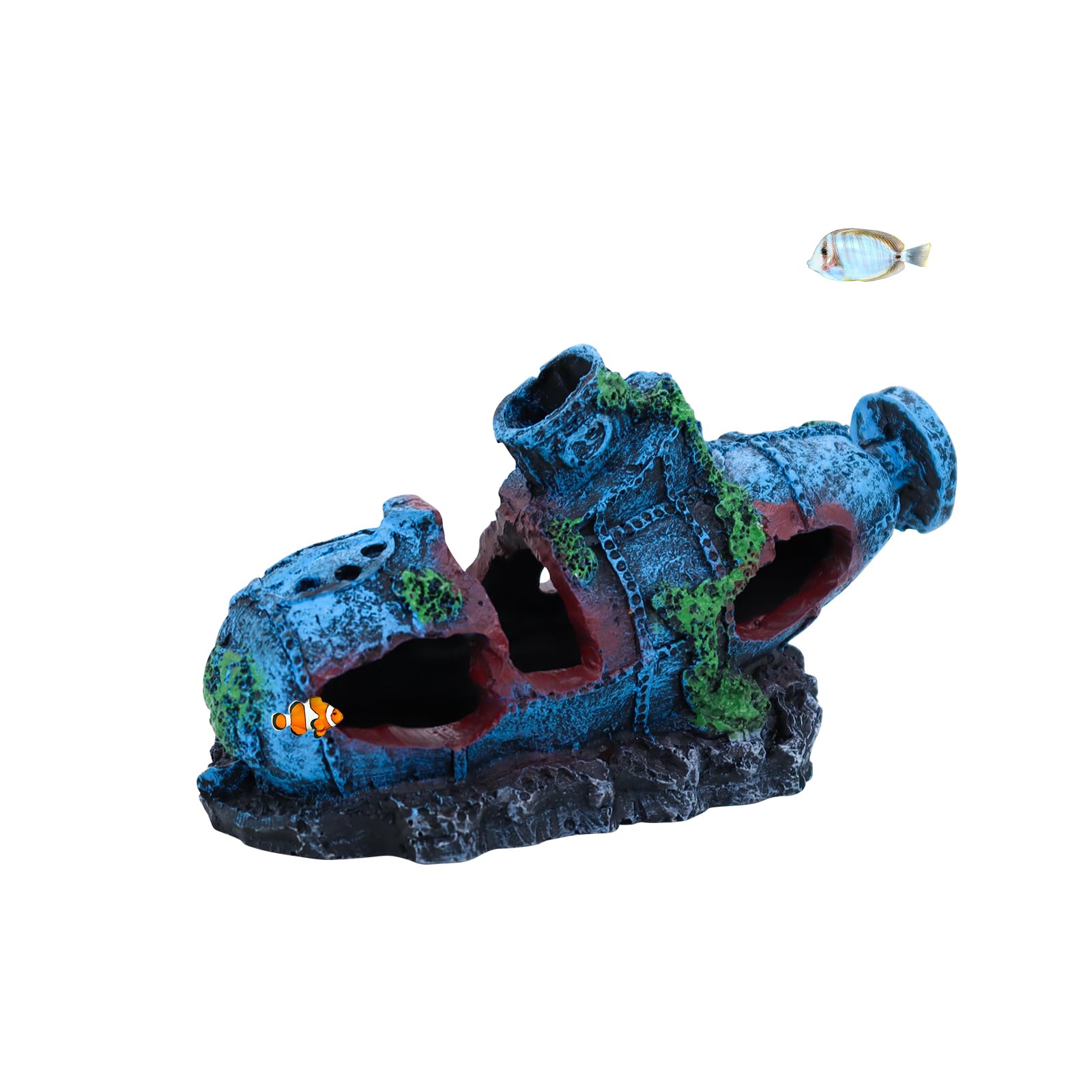 MultiValue Fish Tank Cave Decorations, Submarine Wreck Aquarium Cave Decor Resin Small Fish Hideout for Aquarium Betta Fish Hiding Playing Shelter (A)