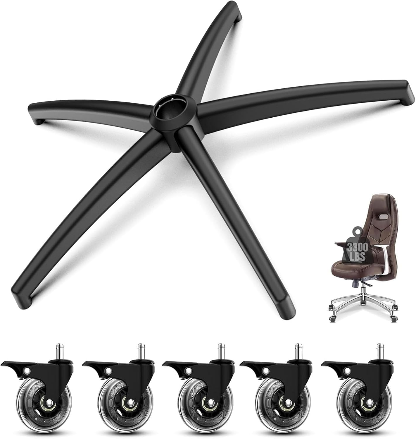 Heavy Duty Chair Base, Desk Chair Base Replacement with 5 Brake Casters, Reinforced Alloy Legs & Universal Gas Cylinder, 3300lb, Office Chairs Replacement Parts (Black with Wheels)