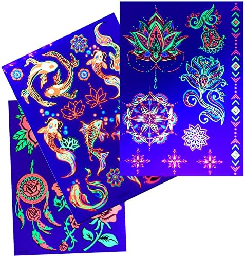 Temporary Tattoos – 3 Sheets Tattoo Design Body Art Blacklight Reactive Light Festival Accessories Glow in the Dark Party Supplies | 7.2” x 5.2” Temp Tattoos Great for EDM EDC Party Rave Parties