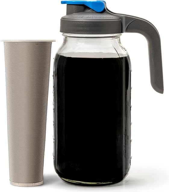 County Line Kitchen - Cold Brew Mason Jar Iced Coffee Maker, Durable Glass, Heavy Duty Stainless Steel Filter, Flip Cap Lid - 64 oz (2 Quart / 1.9 Liter), With Handle