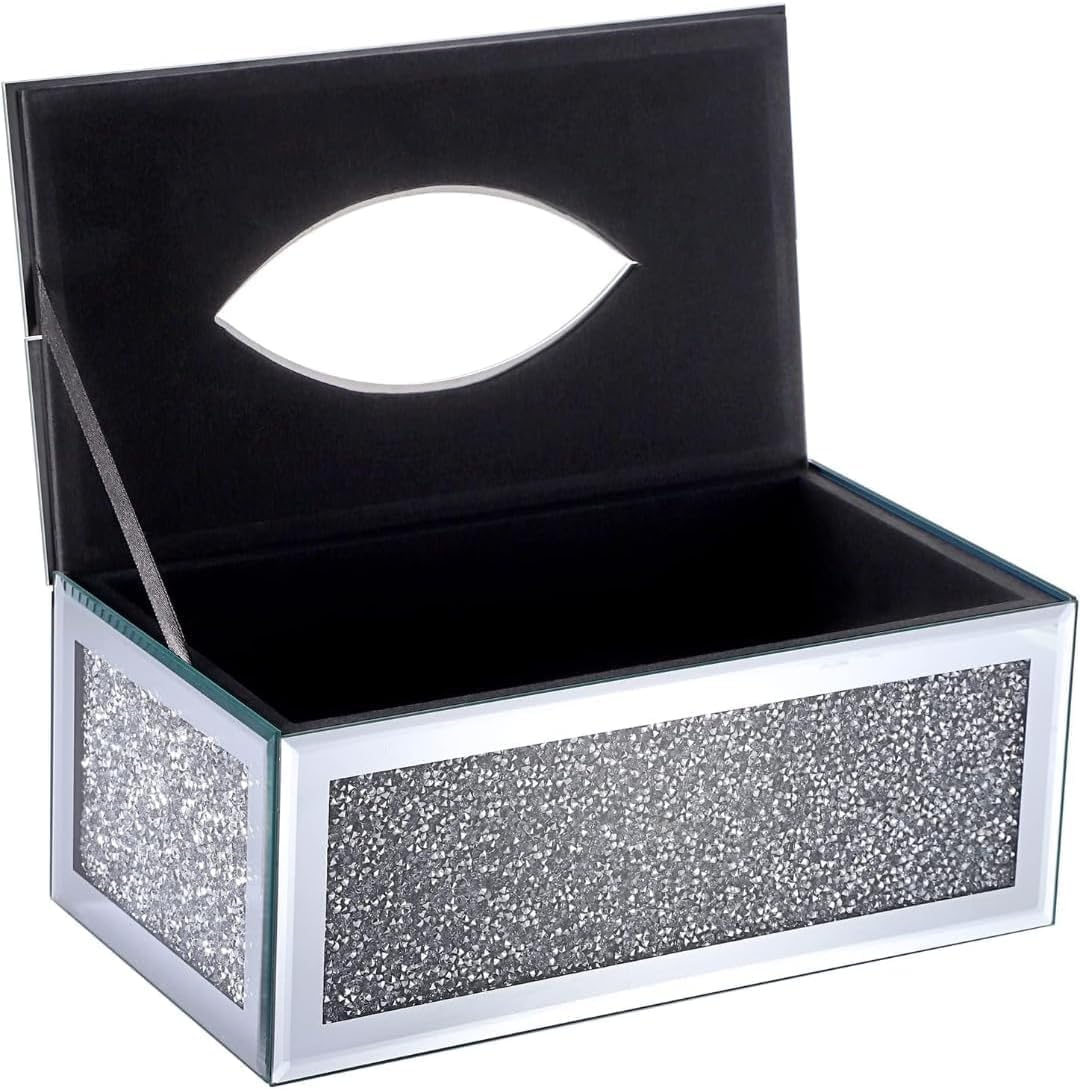 Segoy Silver Sparky Glass Tissue Box With Crystal Crushed Diamonds For Home Decoration, Table Napkin Holder Square Tissue Organizer