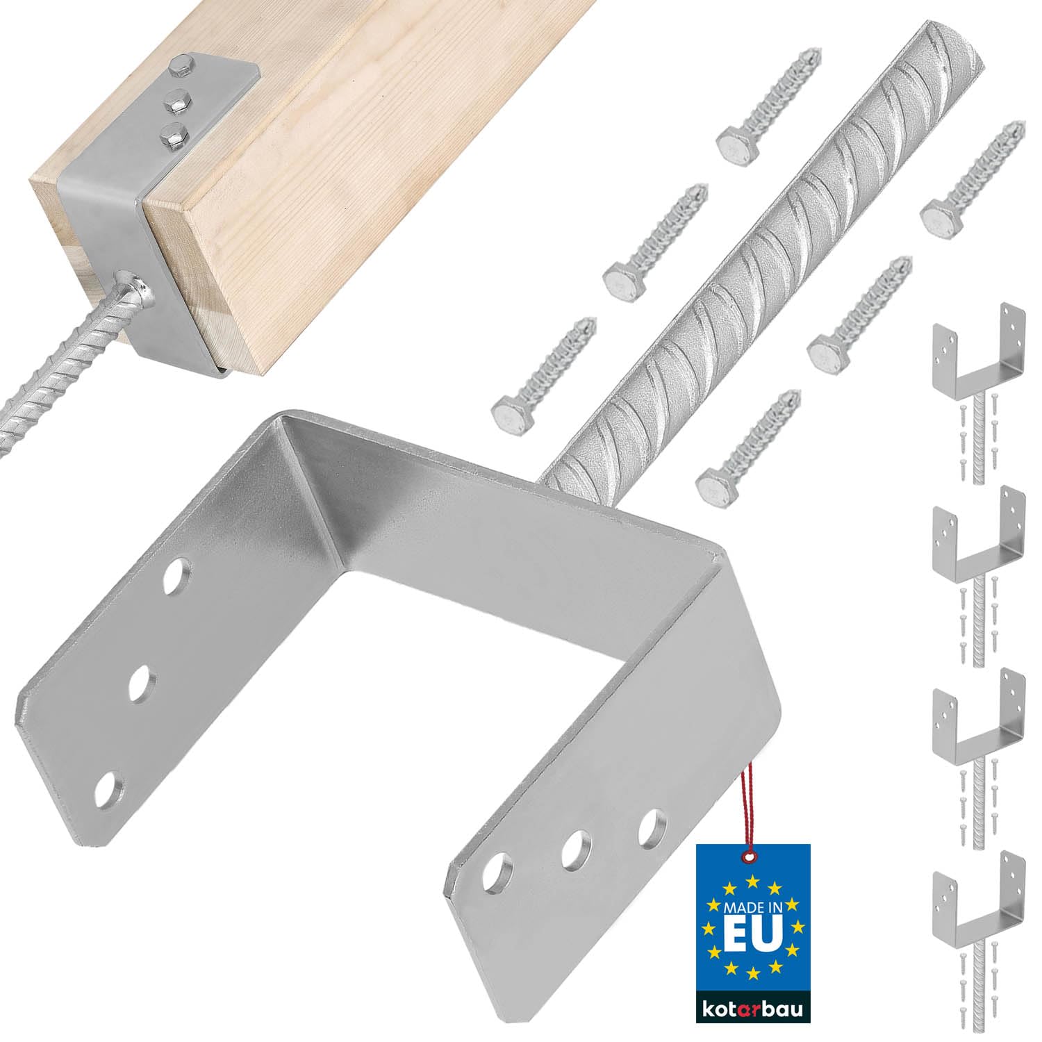 Kotarbau Clear Width 151 Mm Kotarbau® 4 Pcs U Post Base - For Concrete - Galvanised Steel - 151 Mm (5.94 Inches) - Silver - Fence Post Support - Pillar Support