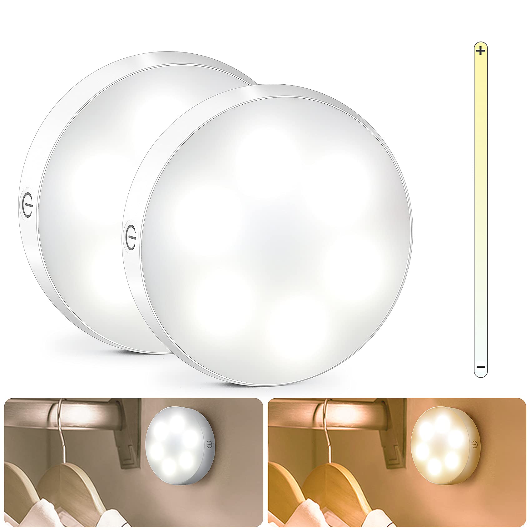 LED Night Light, Eocean Rechargeable 2 Color Warm White Light,Adjustable Brightness,Touch Control, Closet Light with Magnet, Portable Wall Light for Nurseries Baby Kids Room Cabinet (2 Pack)