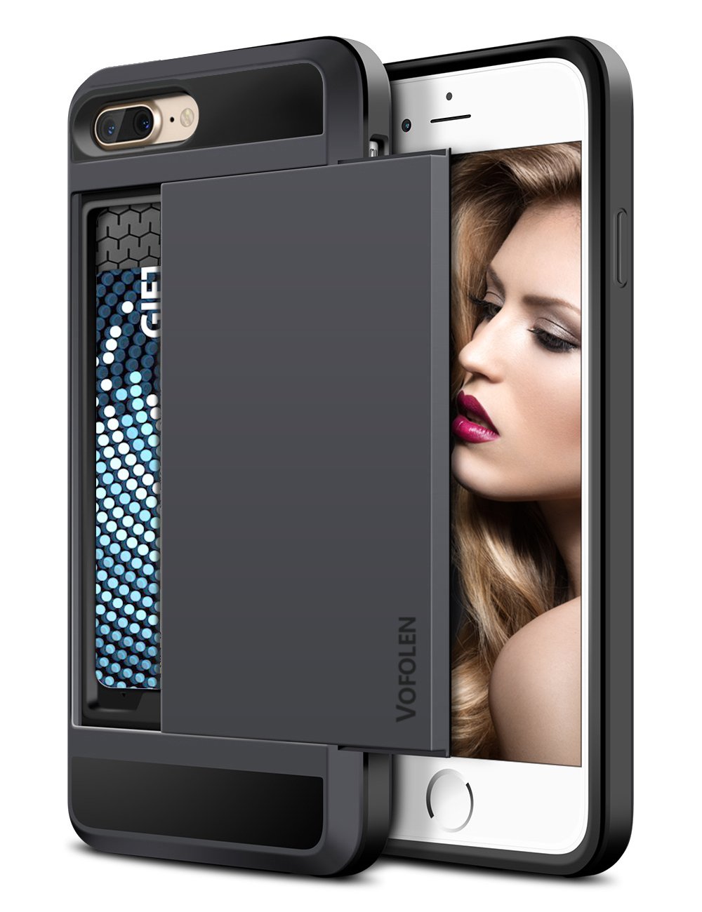 Vofolen Case for iPhone 8 Plus 7 Plus Case Wallet with Credit Card Holder ID Slot Sliding Cover Hidden Pocket Dual Layer TPU Bumper Armor Anti-Scratch Protective Hard Shell Cover