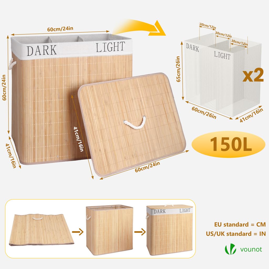 VOUNOT® Cesto Portabiancheria Rettangolare in Bambù 150L, Cesto Pieghevole per Panni Sporchi con Coperchio, Manici e 2 Borse Rimovibili a 3 Scomparti, per Bagno, Lavanderia e Camera da Letto, Naturale